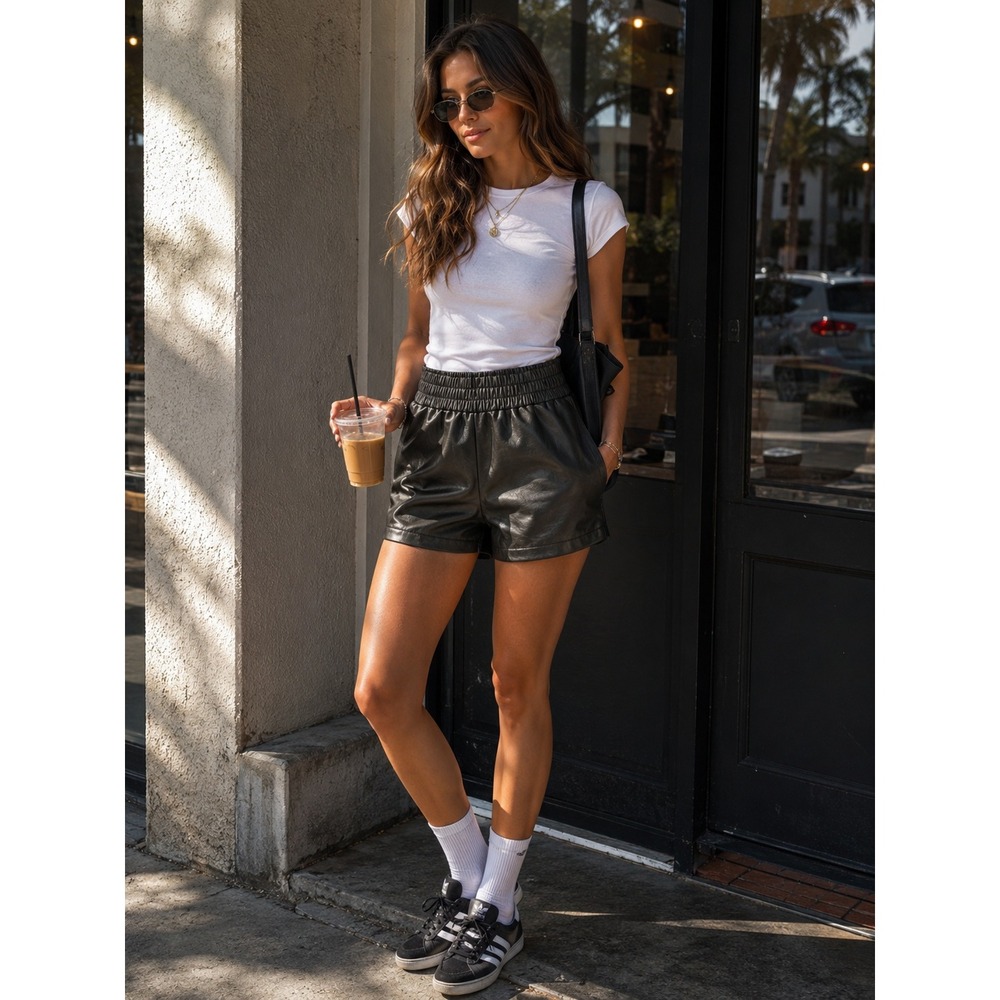 Aaron & Amber Black Vegan Faux Leather High Waist Smocked Shorts Size S